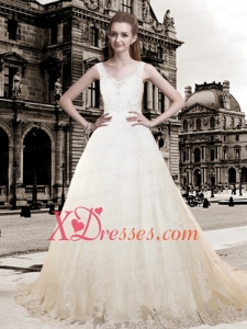 Brand New Style V Neck Lace Wedding Dresses with Chapel Train