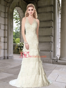 Column Brush Train V Neck Criss Cross Wedding Dresses with Lace