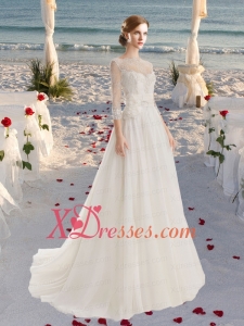 Empire Bateau Lace Hand Made Flower Wedding Dresses with Brush Train