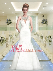 Mermaid Brush Train Backless Wedding Dresses with Beading