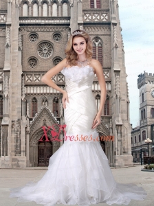 Mermaid Strapless Court Train Hand Made Flower Wedding Dresses