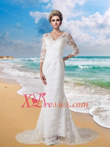 Mermaid V Neck Half Sleeves Wedding Dress with Brush Train