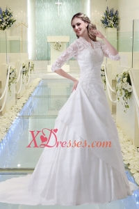 Princess Appliques V Neck Court Train Wedding Dress with Long Sleeves