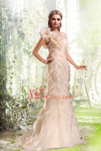Column Ruffled Layers One Shoulder Brush Train Wedding Dresses