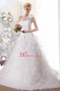 Hand Made Flowers Princess Chapel Train Wedding Dresses