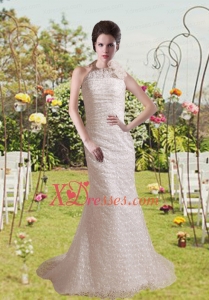 Sexy Lace Halter Hand Made Flower Wedding Dresses Brush Train