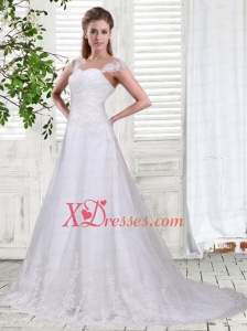Sweet A Line Straps Court Train Wedding Dress with Lace
