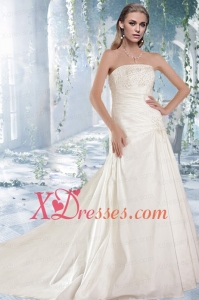 White Princess Strapless Court Train Wedding Dresses with Beading