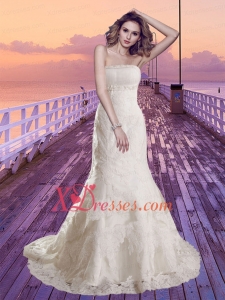 2020 Mermaid Strapless Lace Beading Wedding Dress with Chapel Train