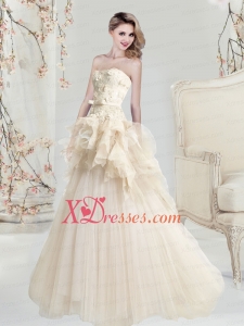 Appliques and Ruffles Strapless A Line Wedding Dress in Champagne