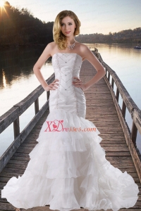 Beautiful Mermaid Strapless Beading Brush Train Wedding Gowns
