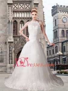 Elegant A Line Halter Chapel Train Beading Wedding Dresses with Lace