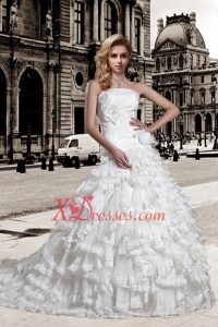 Elegant A Line Strapless Wedding Dress with Hand Made Flowers