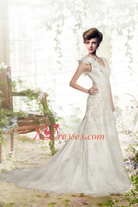 Elegant A Line V Neck Appliques Wedding Dresses with Chapel Train