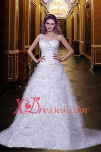 Fashionable A Line One Shoulder Court Train Appliques Wedding Gowns