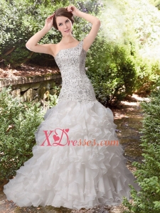 Gorgeous Ruffles A Line One Shoulder Court Train Beading Wedding Dress