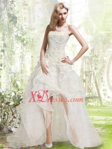 High Low Strapless Wedding Dress with Appliques and Ruffles