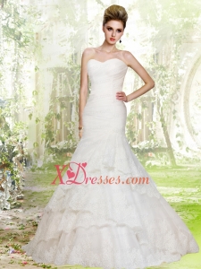 Lace Sweetheart Mermaid Ruches Wedding Dress Chapel Train