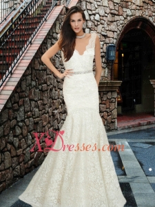 Mermaid V Neck Beaded Decorate Waist Elegant Wedding Dress for 2020