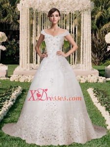 Off the Shoulder Lace Appliques Wedding Dress with Beading