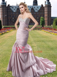 Pink Ruched and Beaded Wedding Dress with Court Train