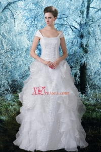 Princess Cap Sleeves Wedding Dress with Sequins Off the Shoulder