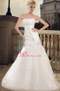 Wonderful Strapless A Line Chapel Train Wedding Dress with Beading