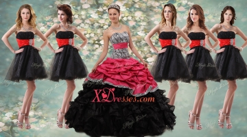 Pretty Zebra Ruffled Red and Black Quinceanera Dress and Beaded Short Dama Dresses