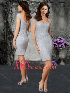 Cheap Off the Shoulder Column Silver Mother of Bride Dresses in Lace