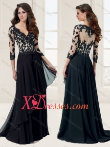 See Through Bodice Column V Neck 3/4-length Sleeves Applique Evening Dress in Black