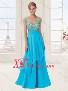 Empire Scoop Cap Sleeves Baby Blue Evening Dress with Beading and Appliques