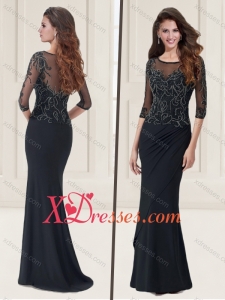 See Through Applique and Beaded Black Evening Dress with Half Sleeves