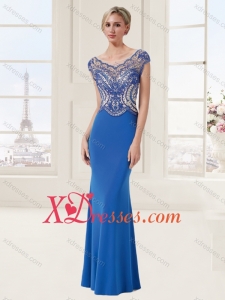 See Through Applique and Beaded Blue Evening Dress with Brush Train