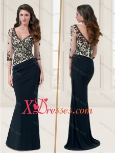 Sexy V Neck Applique and Beaded Black Evening Dress with Brush Train