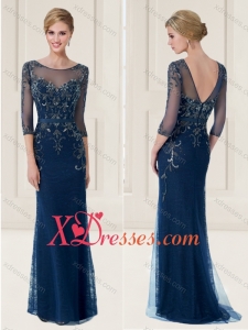 See Through Scoop Lace Applique and Beaded Teal Evening Dress with 3/4-length Sleeves