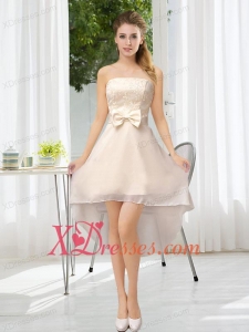Luxurious Strapless A Line Bridesmaid Dress with Belt and Lace