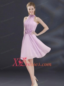 Halter A Line Bridesmaid Dress with Ruhing and Hand Made Flowers