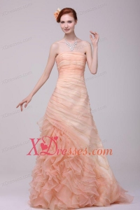 A-line Strapless Floor-length Peach Zipper Up Organza Prom Dress with Ruching