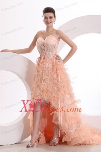 A-line Sweetheart Peach High-low Ruffles Organza Prom Dress with Lace Up