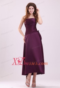 Cheap A-Line Strapless Ankle-length Purple Ruching Prom Dress