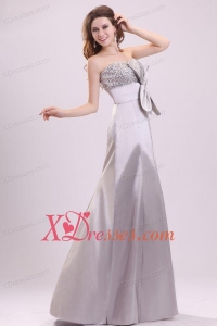 Column Strapless Beading and Bowknot Grey Taffeta Prom Dress with Floor-length