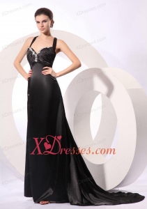 Column Straps Black Elastic Woven Satin Criss Cross Prom Dress with Beading