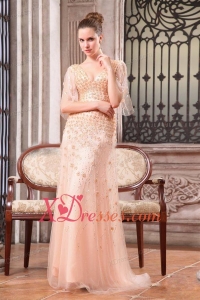 Column V-neck Sweep Train Wedding Dress with Appliques and Beading