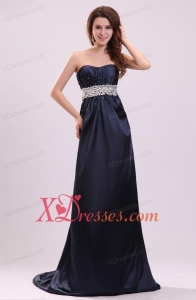 Elegant Empire Strapless Navy Blue Elastic Woven Satin Beading Prom Dress with Brush Train