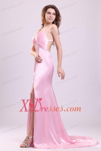 Elegant Pink Column Halter Brush Train Criss Cross Elastic Woven Satin Prom Dress with Beading