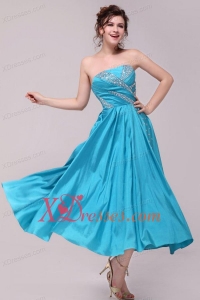 Elegant Teal A-Line Strapless Taffeta Beading Ankle -length Prom Dress