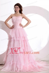 Exquisite A-line Sweetheart Court Train Ruching Pink Prom Dress