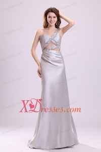 Grey Column One Shoulder Beading Elastic Woven Satin Watteau Train Criss Cross Prom Dress