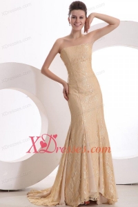 Informal Column Strapless Brush Train Lace Champagne Prom Dress