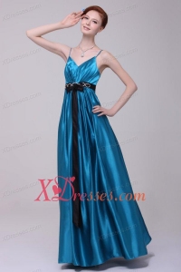 Informal Empire Straps Floor-length Elastic Woven Satin Teal Prom Dress with Beading